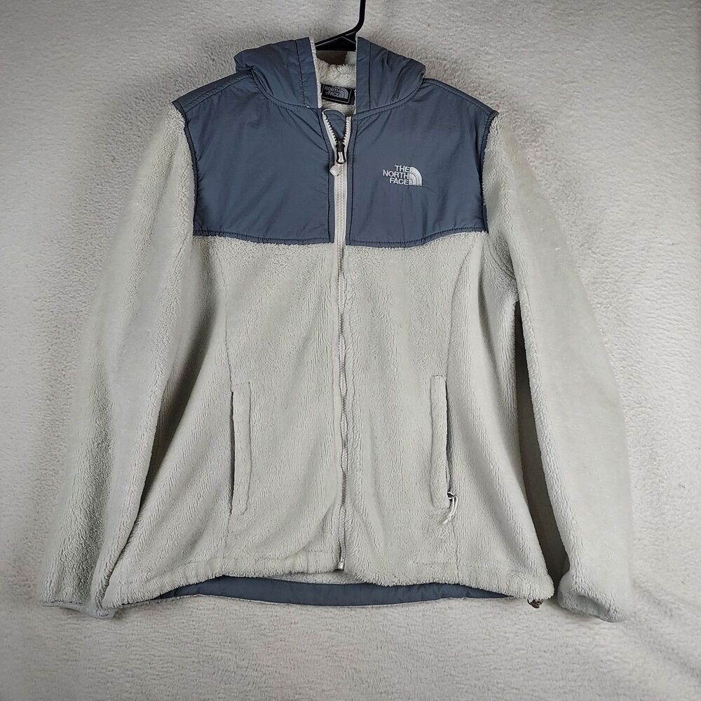 The North Face Womens XL Hooded Fleece Jacket Full Zip White Gray